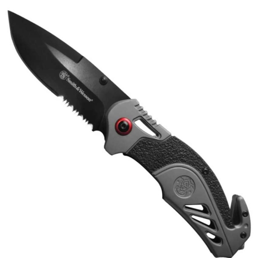 Spring Assisted * | Smith & Wesson Grey Rescue Spring Assist Knife, Black Combo Blade