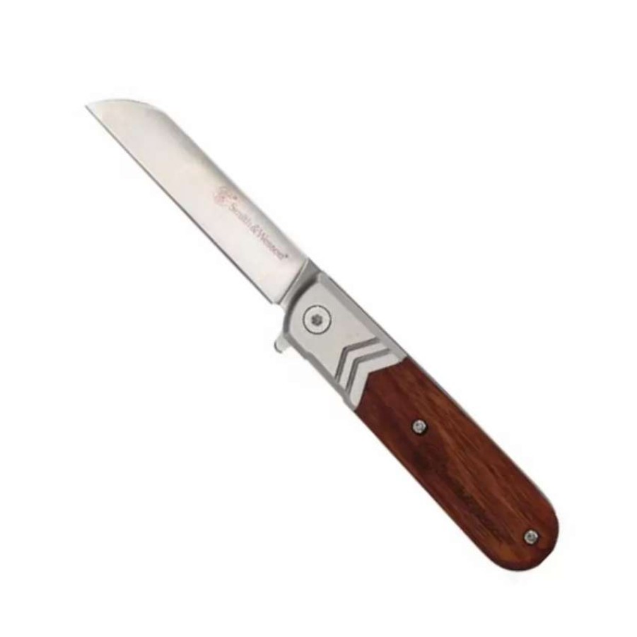 Spring Assisted * | Smith & Wesson Wood Handle Executive Barlow Spring Assisted Flipper Knife, Satin Blade