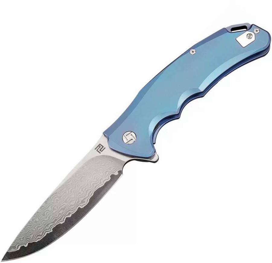 Pocket Knives * | Atz1702Gdbu Artisan Tradition Framelock Pocket Knife Blue Damascus