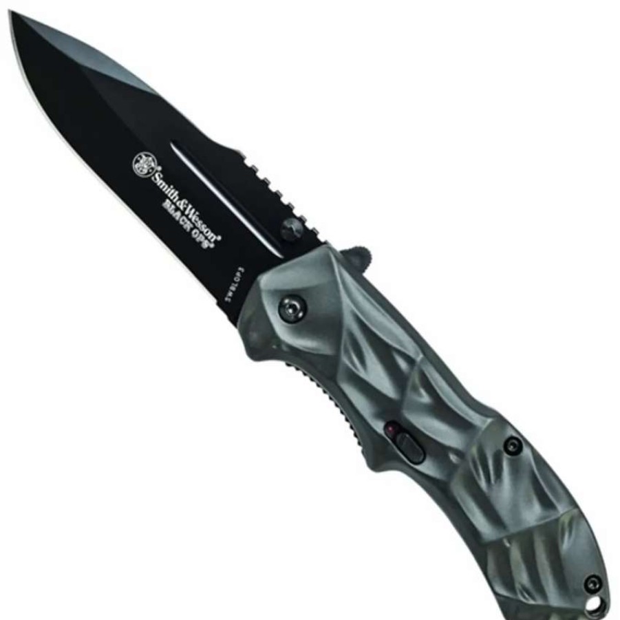 Spring Assisted * | Smith & Wesson Black Ops Spring Assist Knife, Grey Handle, Tactical Black Drop Point, Swblop3