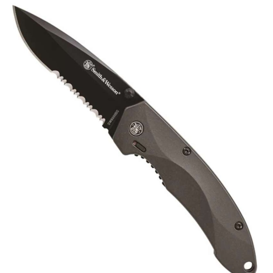 Spring Assisted * | Smith & Wesson 6000Bs Assist Knife, Black Clip Point Combo Blade