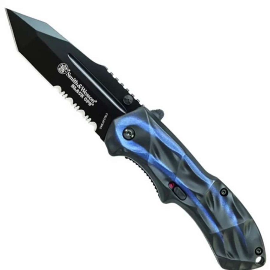 Spring Assisted * | Smith & Wesson Black Ops Spring Assist Knife, Blue Handle, Tanto Black Part Ser Blade, Blop3Tbls