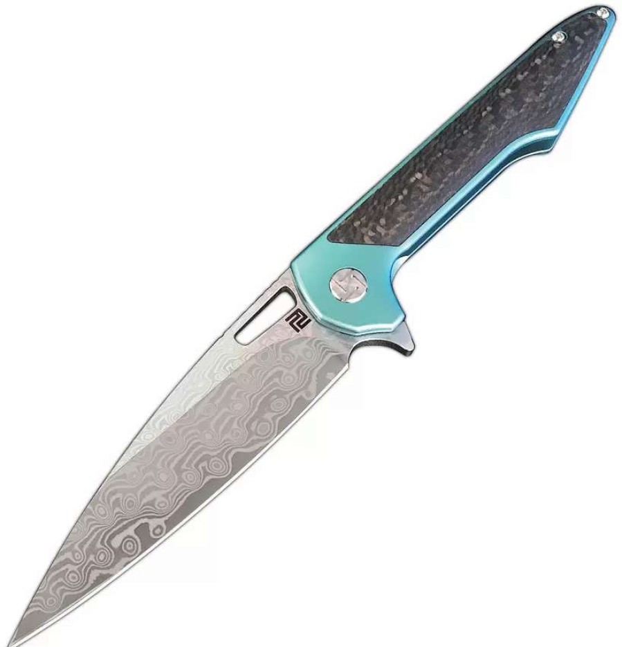 Pocket Knives * | Atz1821Gdgn Artisan Archaeo Framelock Pocket Knife Green Damascus