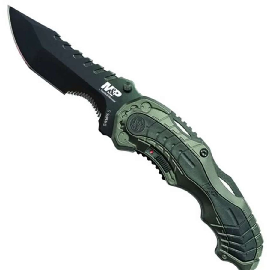 Spring Assisted * | Smith & Wesson Grey Magic Swmp6S Spring Assist Knife, Black Part Serrated Blade