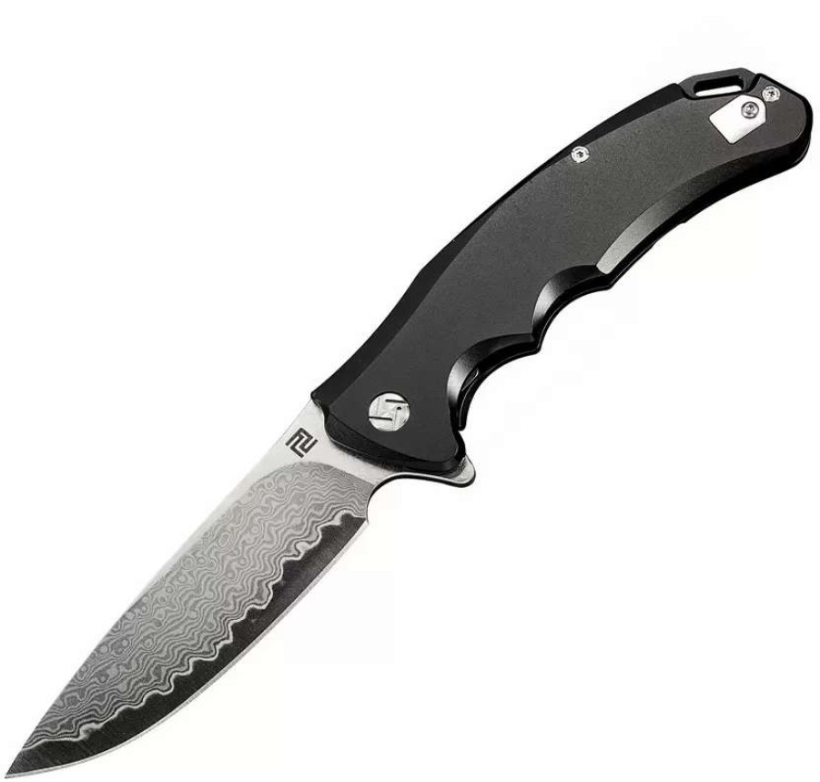 Pocket Knives * | Atz1702Gdbk Artisan Tradition Framelock Pocket Knife Black Damascus