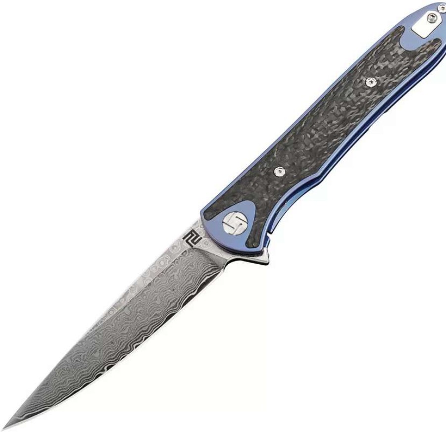 Pocket Knives * | Atz1707Gdbu Artisan Shark Framelock Pocket Knife Blue Damascus