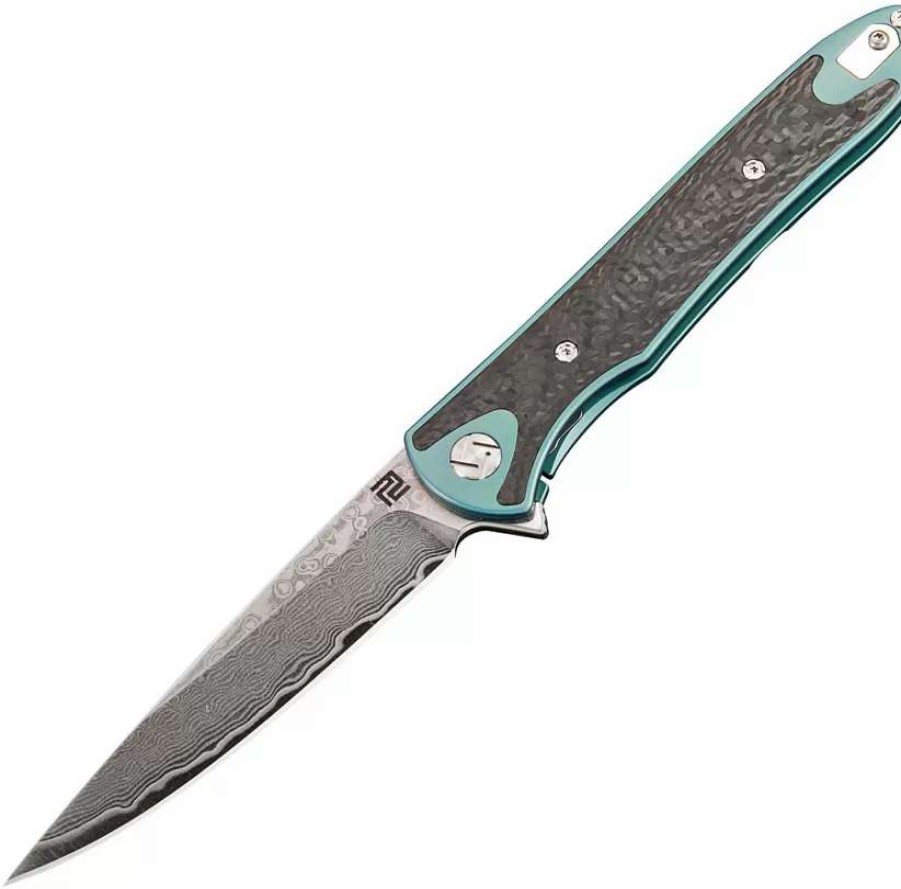 Pocket Knives * | Atz1707Gdgn Artisan Shark Framelock Pocket Knife Green Damascus