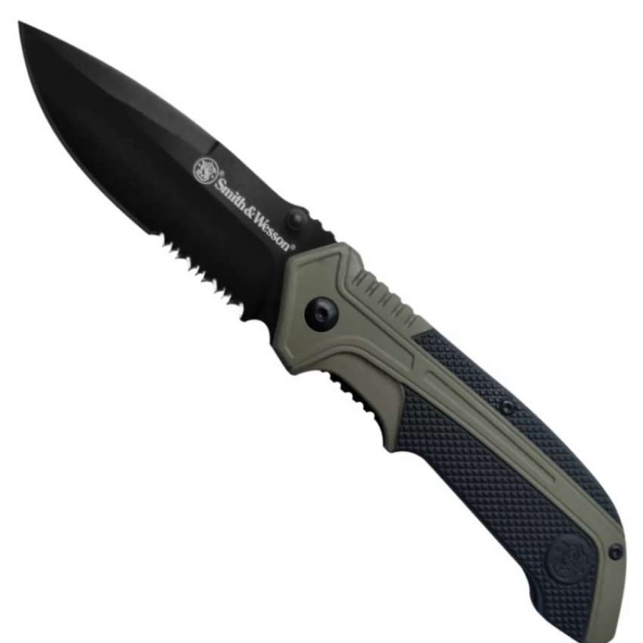 Spring Assisted * | Smith & Wesson Od Green Spring Assist Knife, Black Combo Blade