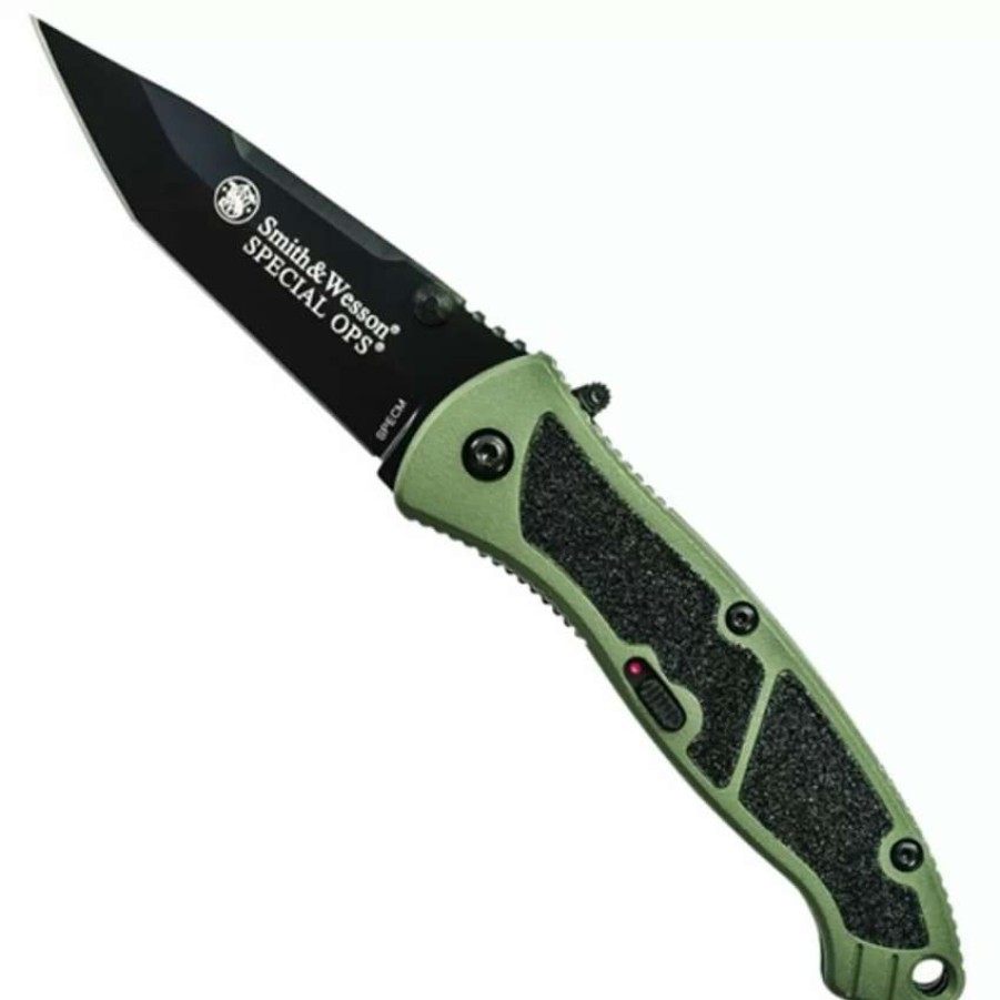 Spring Assisted * | Smith & Wesson Special Ops Medium Assisted Knife, Tanto Plain Blade, Green Handle