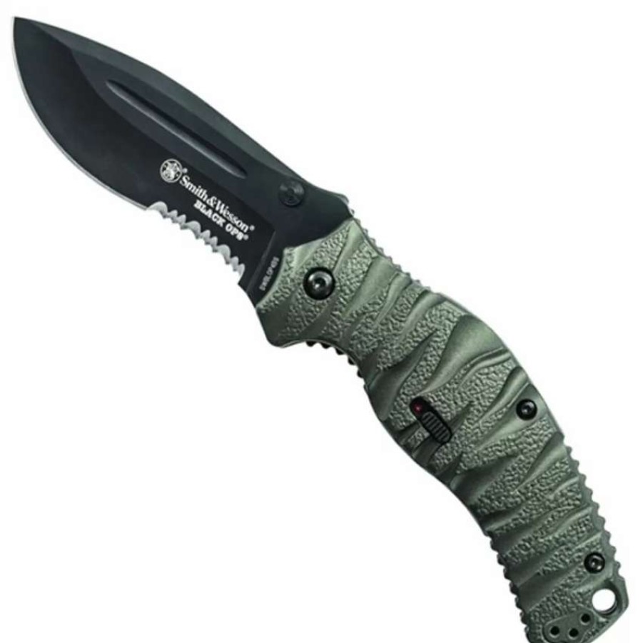 Spring Assisted * | Smith & Wesson Black Ops Spring Assist Knife, Black Combo Blade, Swblop4Bs