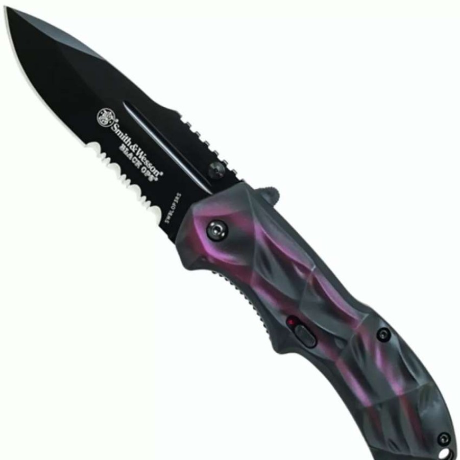 Spring Assisted * | Smith & Wesson Black Ops Spring Assist Knife, Smoked Red Handle, Black Part Ser Blade, Swblop3Rs