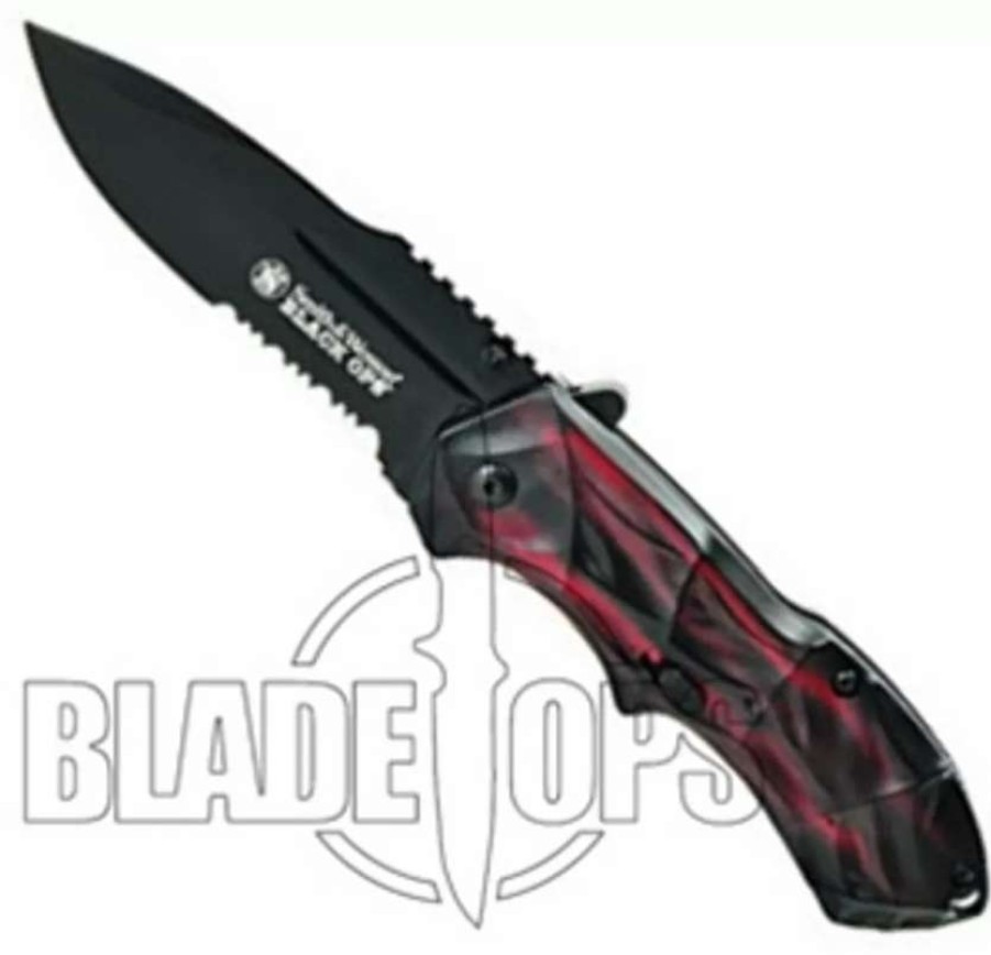 Spring Assisted * | Smith & Wesson Black Ops Spring Assist Knife, Smoked Red Handle, Black Part Ser Blade, Swblop3Rs