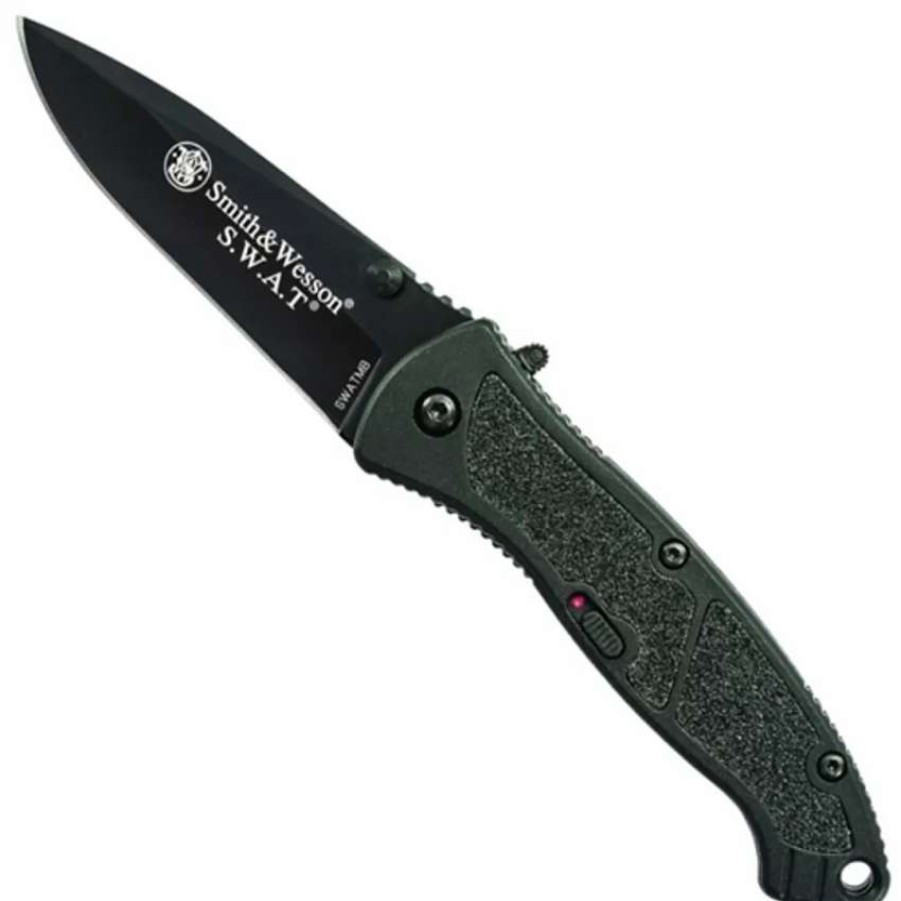 Spring Assisted * | Smith & Wesson Medium Swatmb Spring Assist Knife, Black Handle, Black Plain Blade