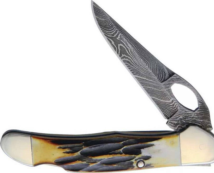 Pocket Knives * | Bc5149Ld Bear & Son Damascus Lockback Pocket Knife India Stag Bone