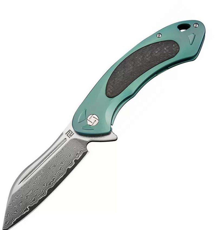 Pocket Knives * | Atz1818Gdgn Artisan Immortal Framelock Pocket Knife Green Damascus