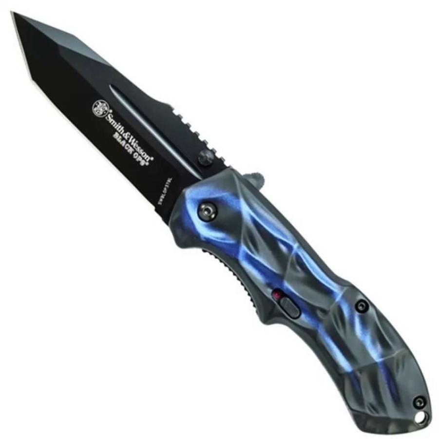 Spring Assisted * | Smith & Wesson Black Ops Spring Assist Knife, Blue Handle, Tanto Black Plain Blade, Blop3Tbl