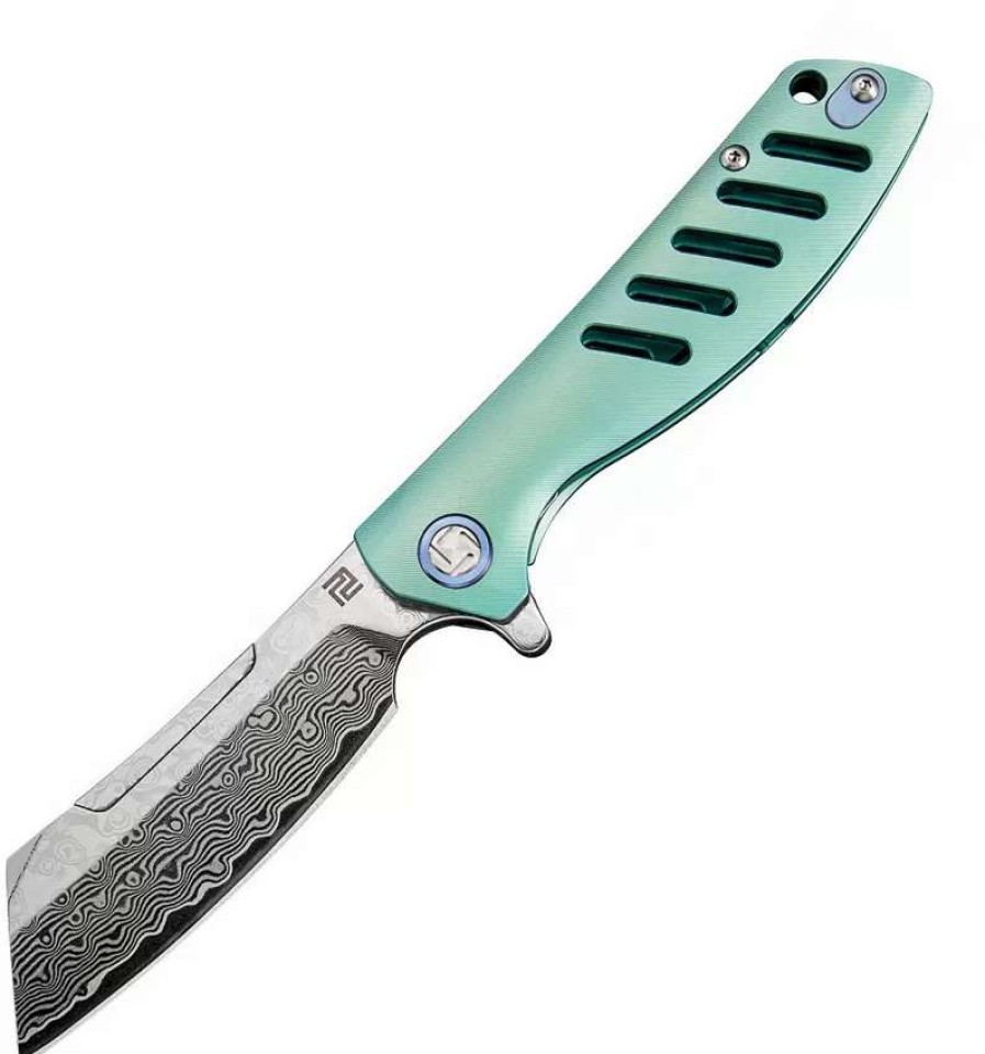 Pocket Knives * | Atz1815Gdgn Artisan Tomahawk Framelock Pocket Knife Green Damascus